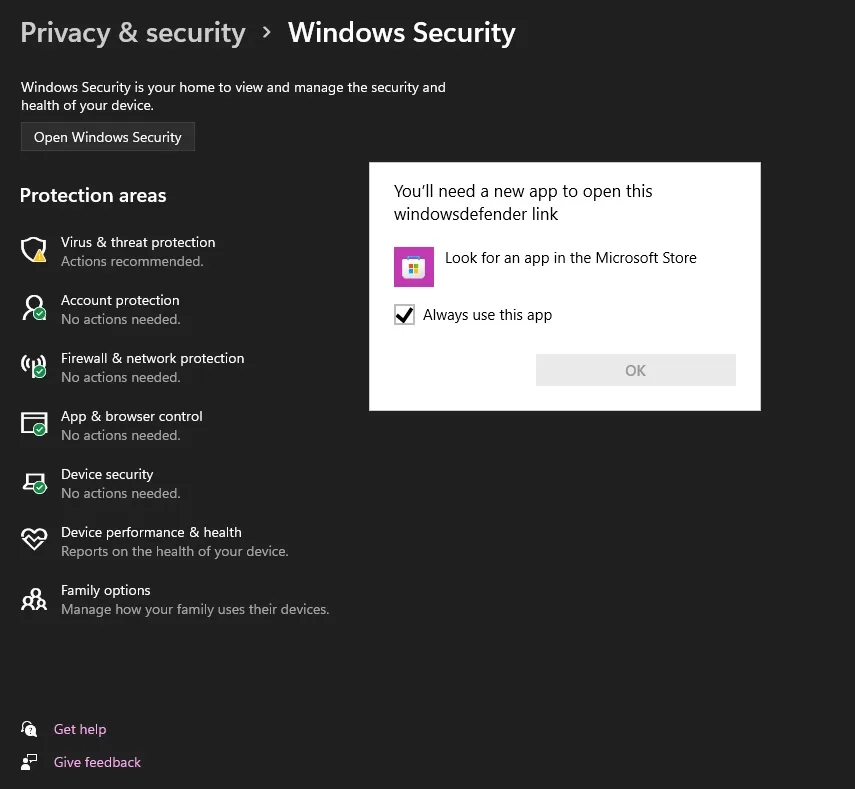 “You’ll need a new app to this windowsdefender link” in Windows 11